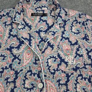 Ralph‎ Lauren Navy Blue Paisley Cotton Blend Pajama Top Short Sleeve S